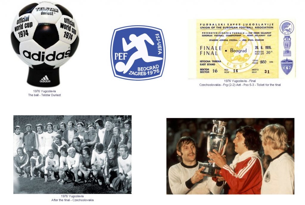 تصاویری از توپ و لوگوی رسمی یورو 1976، بلیت فینال مسابقات و بازیکنان چکسلواکی پس از قهرمانی