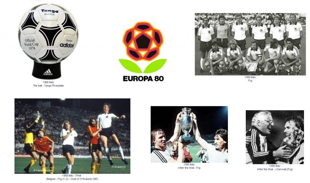تصاویری از توپ و لوگوی رسمی یورو 1980، ترکیب آلمان غربی، گل هورست هروبش در فینال و تعدادی از بازیکنان آلمان پس از قهرمانی