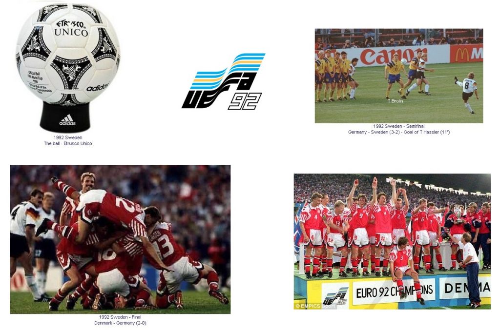 تصاویری از توپ و لوگوی رسمی یورو 1992، گل زیبای توماس هسلر به سوئد و خوشحالی بازیکنان دانمارک از قهرمانی