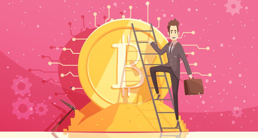 Bitcoin design composition with businessman holding briefcase and climbing up on career ladder flat vector illustration