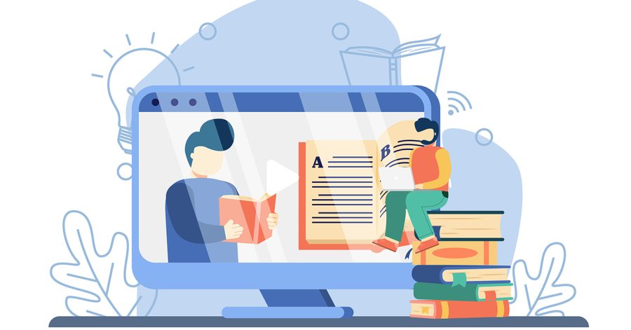 E-learning concept. man teaching on screen with a book, man watching online class. online education, home schooling, online book, distance education and online business school .isolated illustration