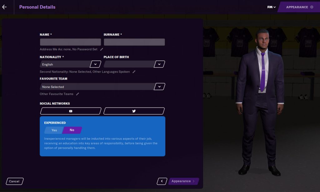 انتخاب ملیت و اختیارات در بازی Football Manager 2023