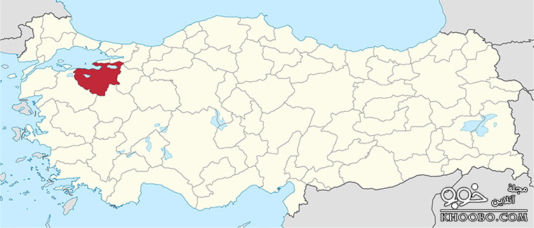 موقعیت جغرافیایی شهر بورسا در ترکیه بر روی نقشه